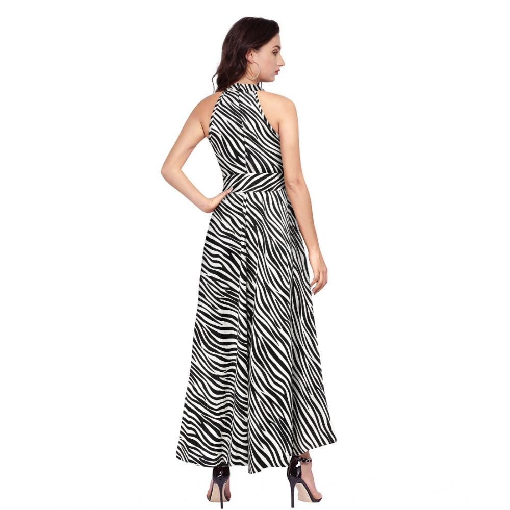 Women's Polyester Zebra Pattern Halter Neck Sleeveless Dress (White)
