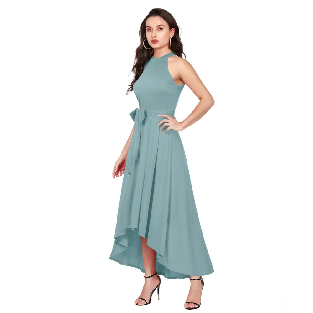 Women's Polyester Solid Halter Neck Sleeveless Dress (Pista)
