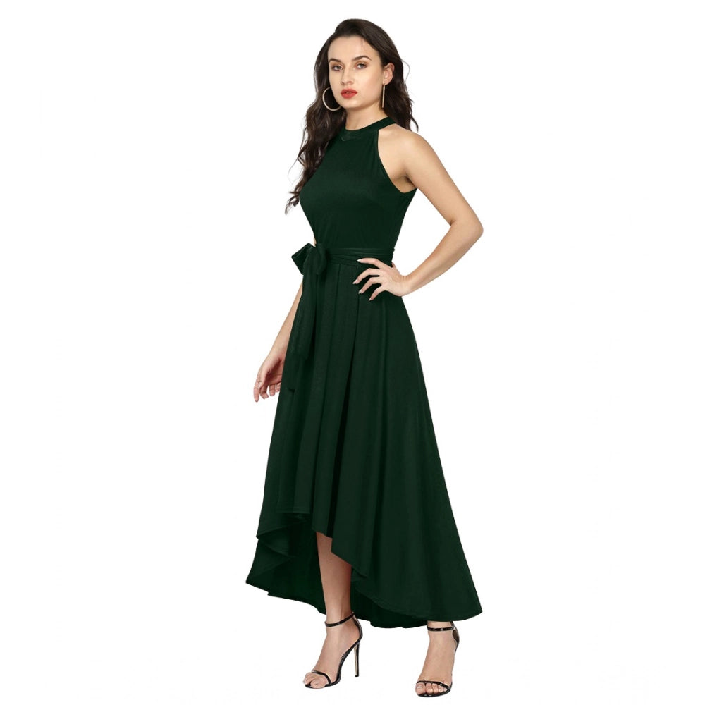 Women's Polyster Solid Halter Neck Sleeveless Dress (Green)