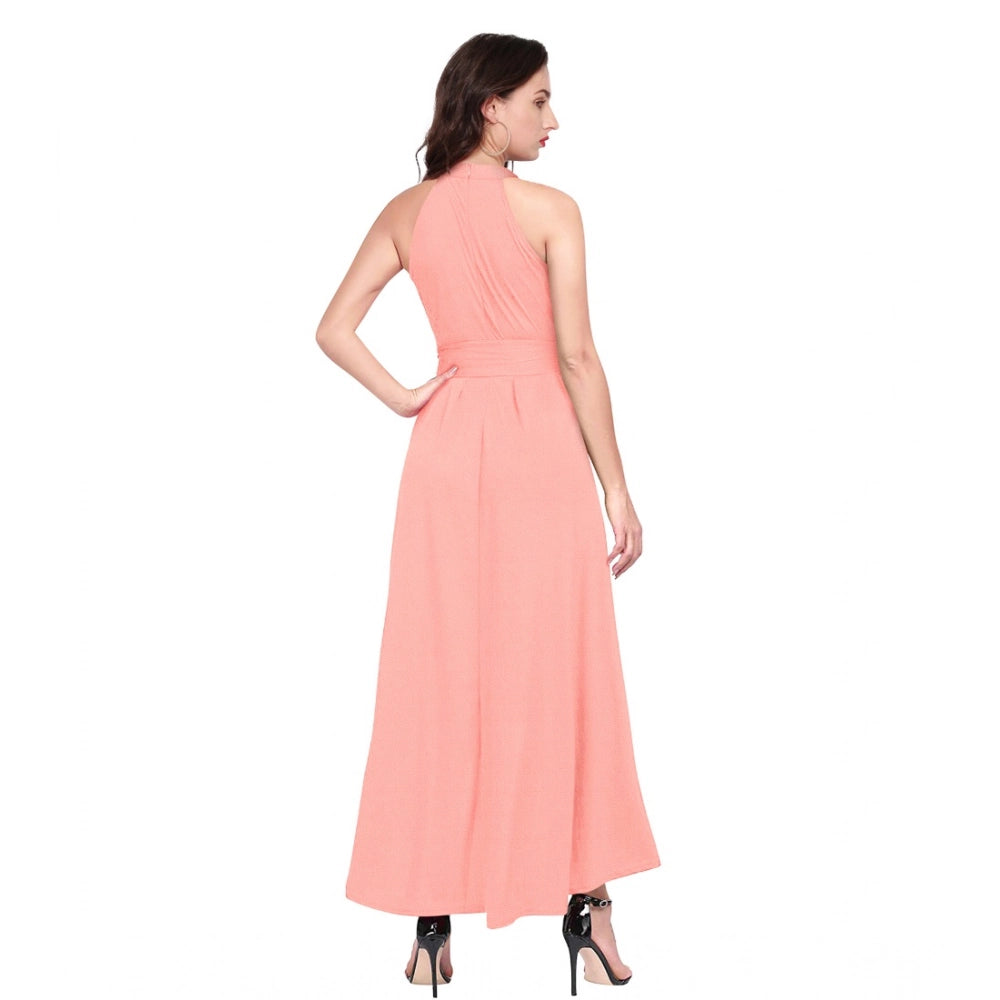 Women's Polyster Solid Halter Neck Sleeveless Dress (Peach)
