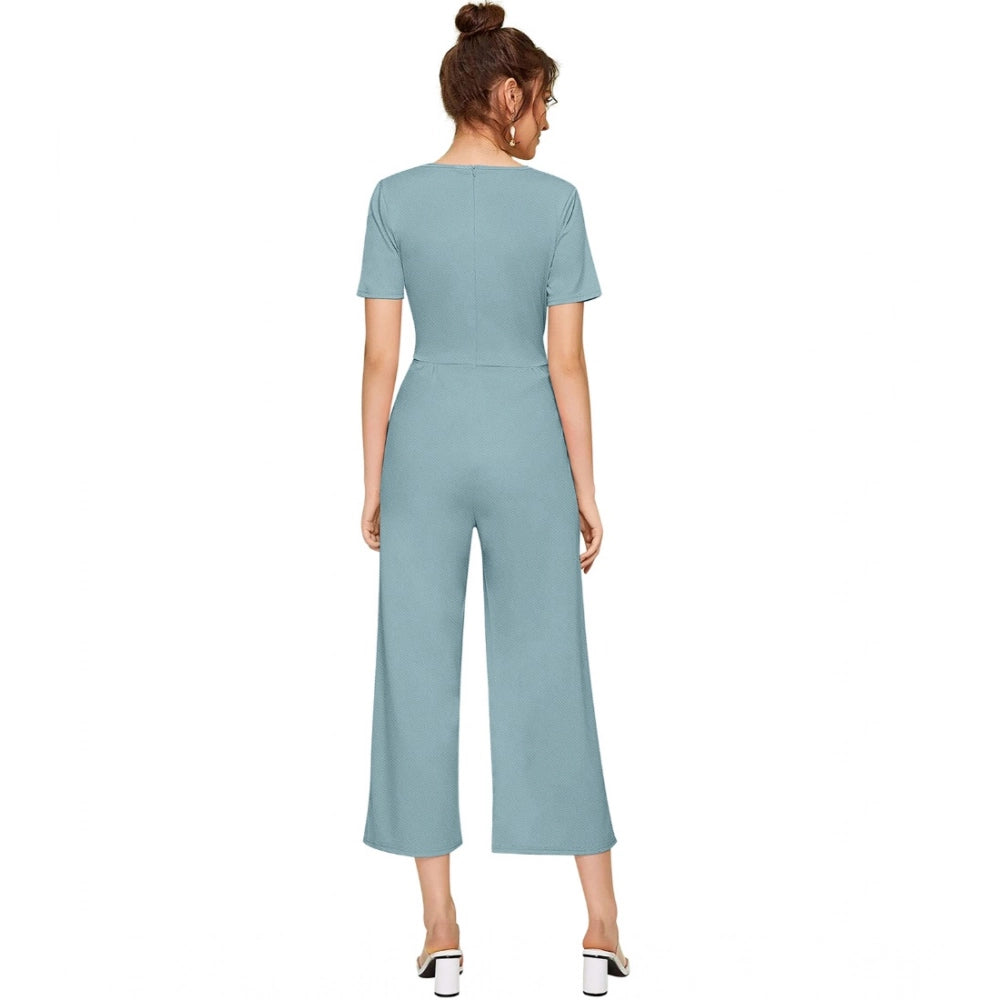 Women's Knitting stretchable Solid Round Neck Cap Sleeve Jumpsuit (Pista )