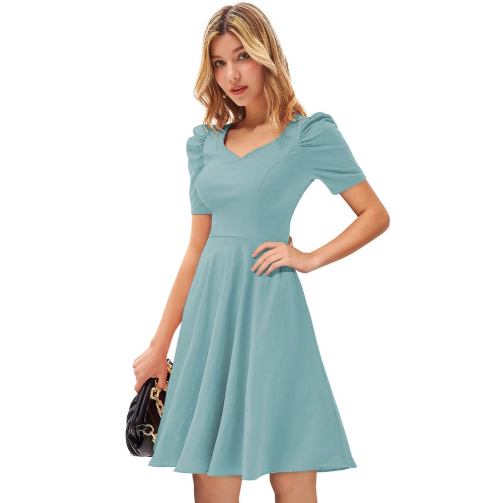 Women's Knitting stretchable Solid V Neck Cap Sleeve Dress (Pista)
