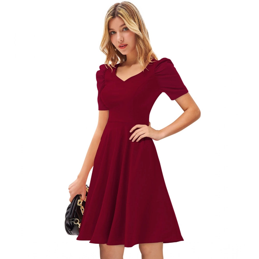 Women's Knitting stretchable Solid V Neck Cap Sleeve Dress (Maroon)