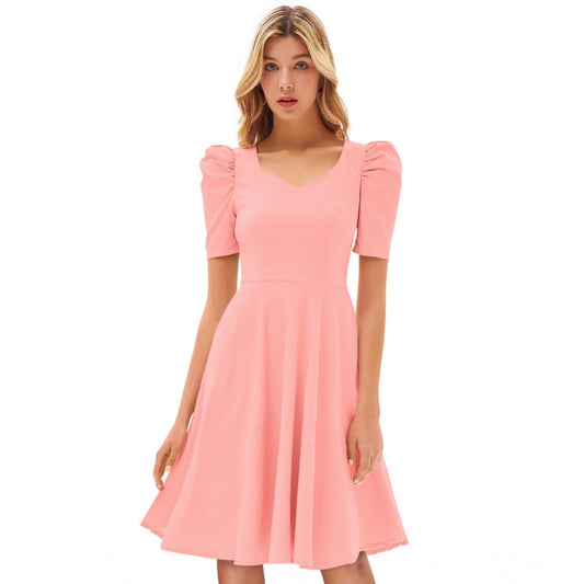 Women's Knitting stretchable Solid V Neck Cap Sleeve Dress (Peach)