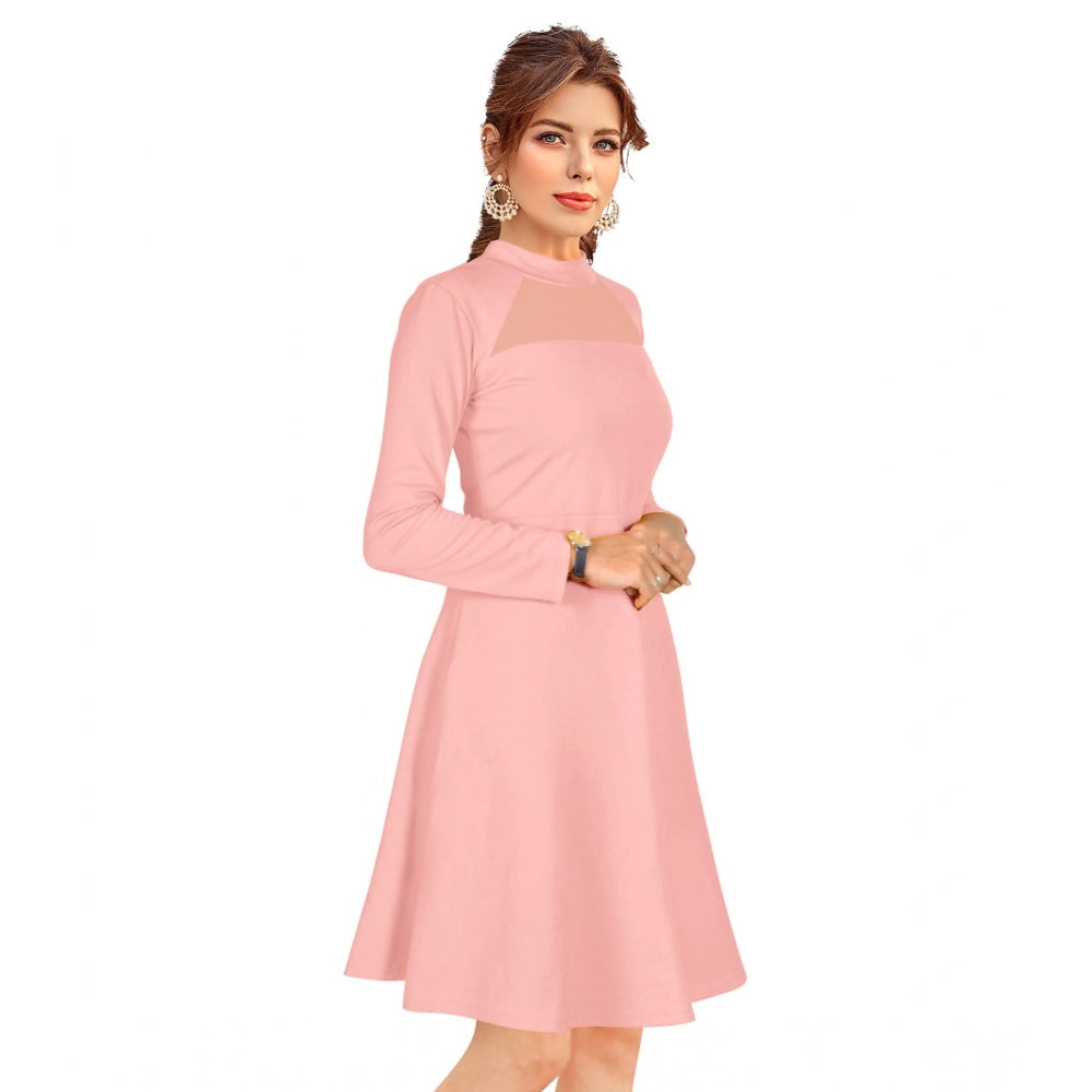 Women's Knitting stretchable Solid Round Neck Full Sleeve Dress (Peach)