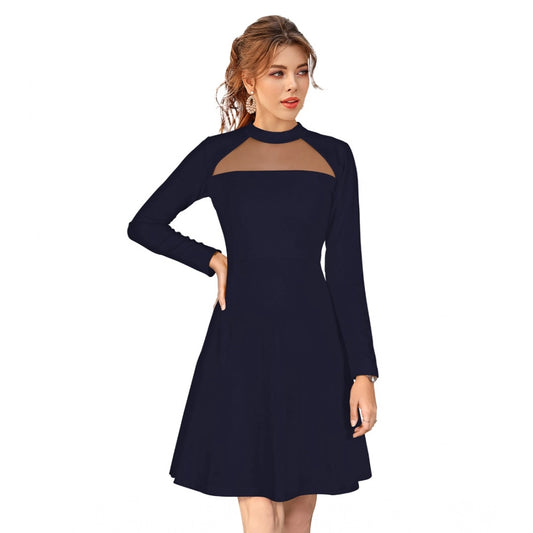 Women's Knitting stretchable Solid Round Neck Full Sleeve Dress (Blue)