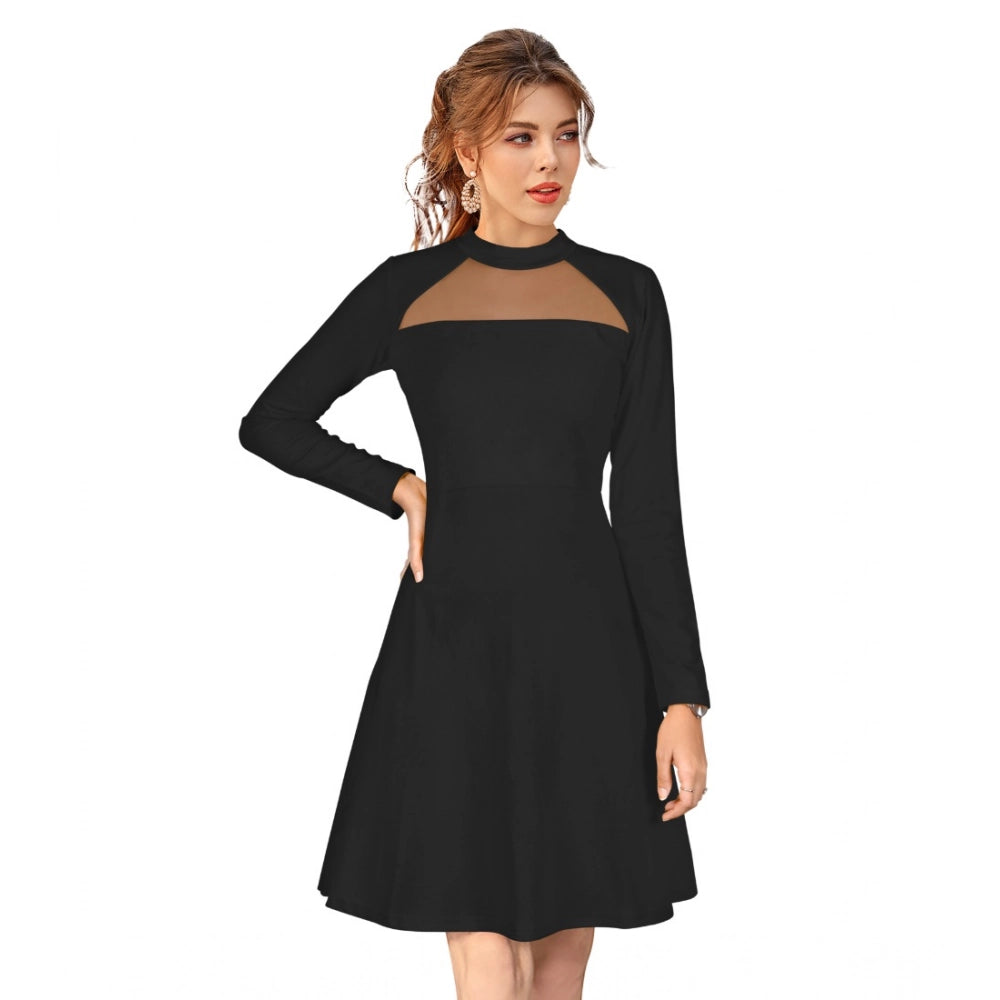 Women's Knitting stretchable Solid Round Neck Full Sleeve Dress (Black)
