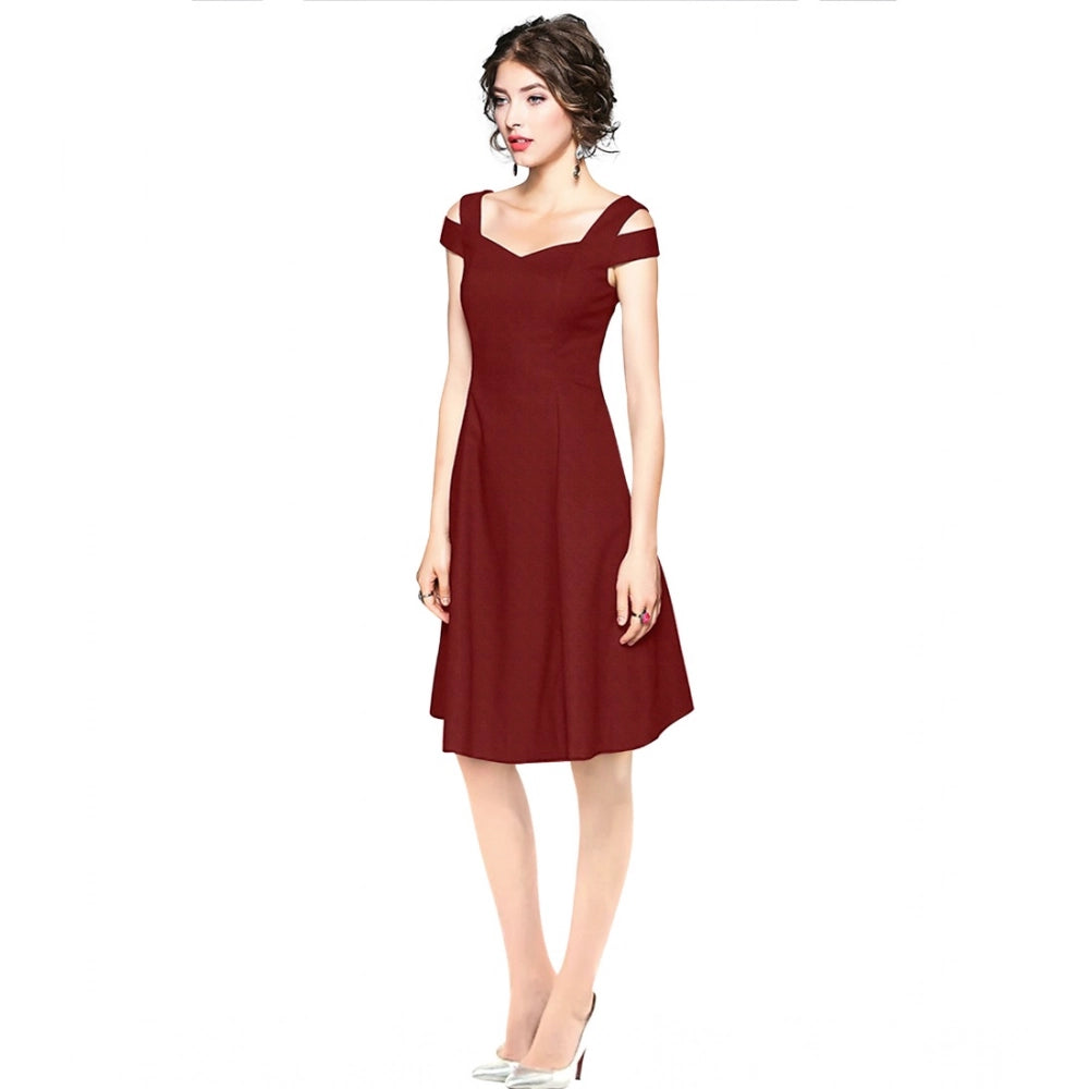 Women's Polyester Solid V Neck Cap Sleeve off Shoulder Dress (Maroon)