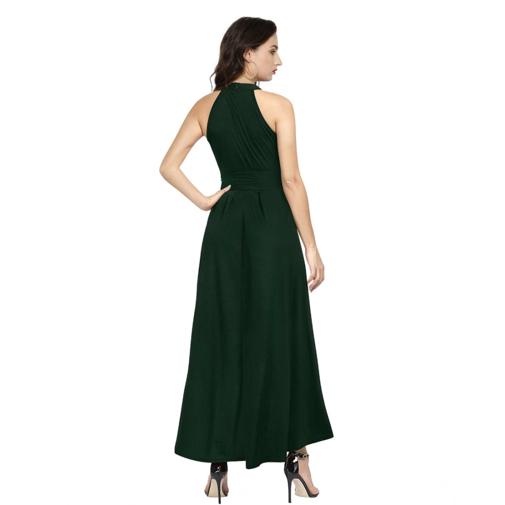 Women's Polyster Solid Halter Neck Sleeveless Dress (Green)
