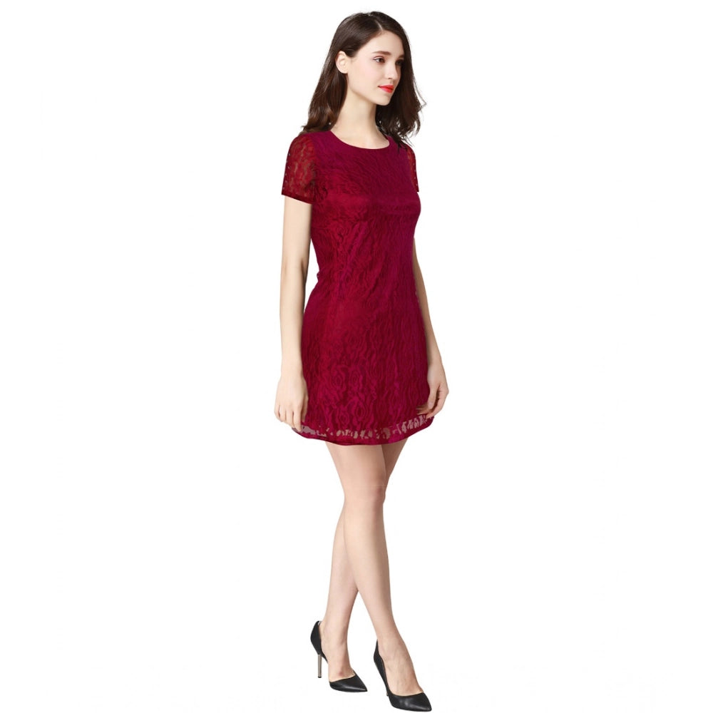 Women's Rasal Solid Round Neck Cap Sleeve Dress (Maroon)