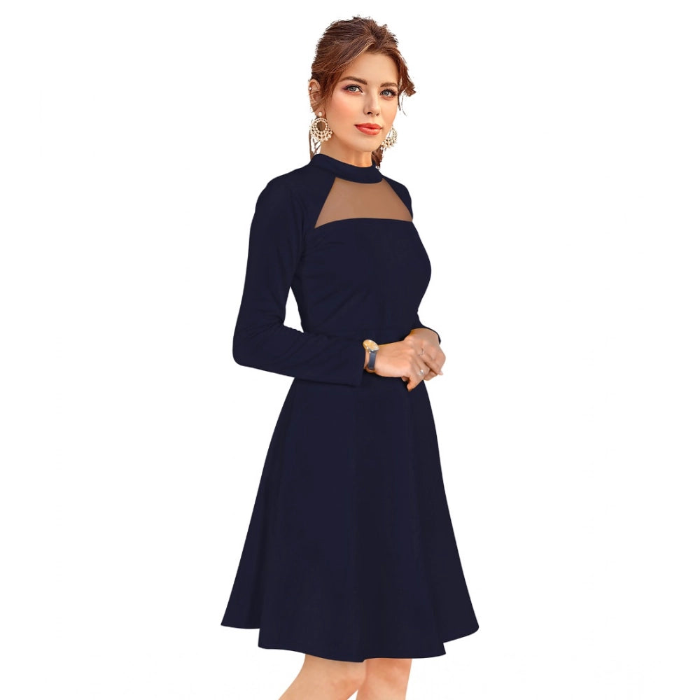 Women's Knitting stretchable Solid Round Neck Full Sleeve Dress (Blue)