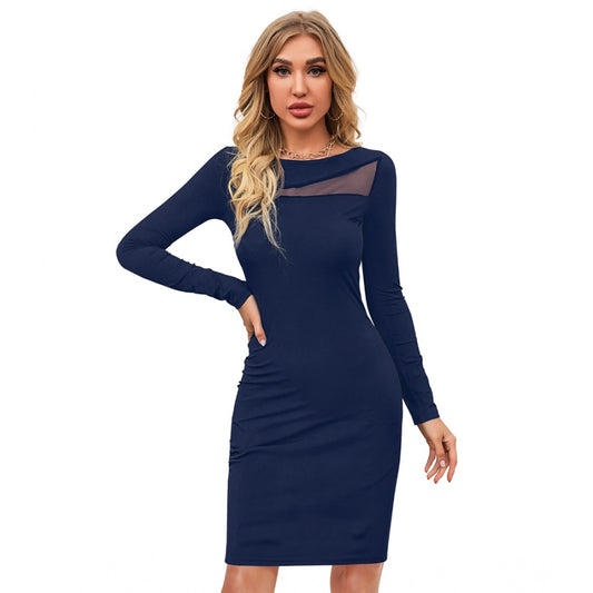 Women's Knitting stretchable Solid Round Neck Full Sleeve Dress (Blue )