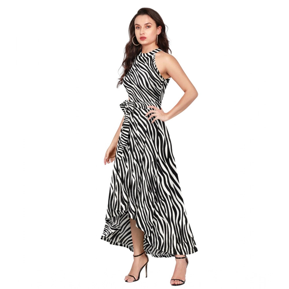 Women's Polyester Zebra Pattern Halter Neck Sleeveless Dress (White)