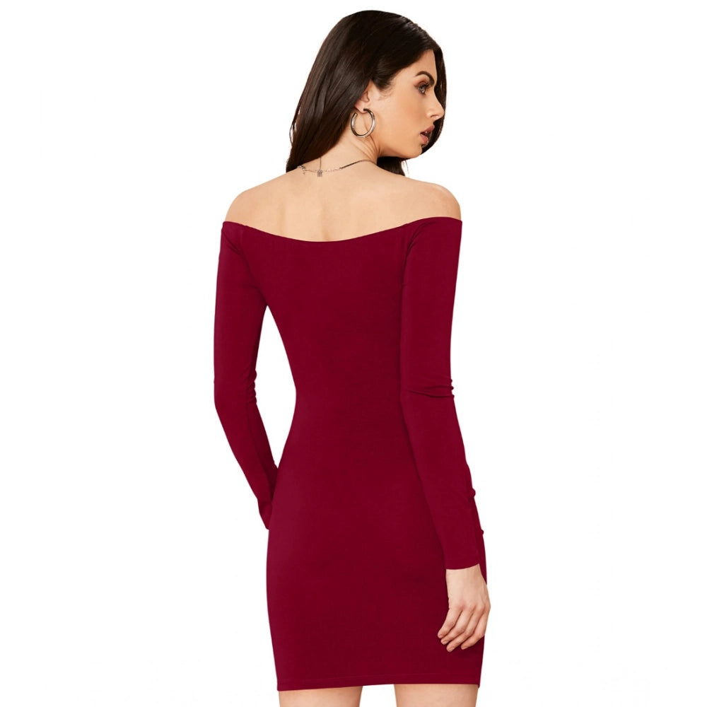 Women's Knitting stretchable Solid V Neck Full Sleeve Dress (Maroon)