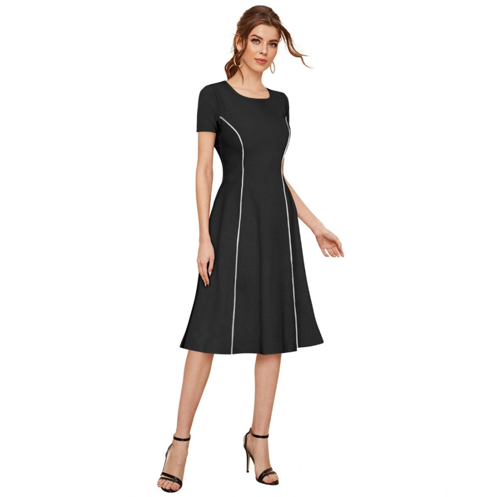 Women's Knitting stretchable Solid Round Neck Cap Sleeve Dress (Black)