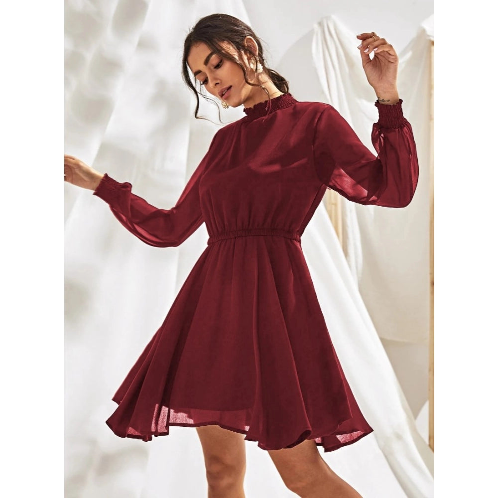 Women's Fox Georgette Solid High Neck Full Sleeve Dress (Maroon)
