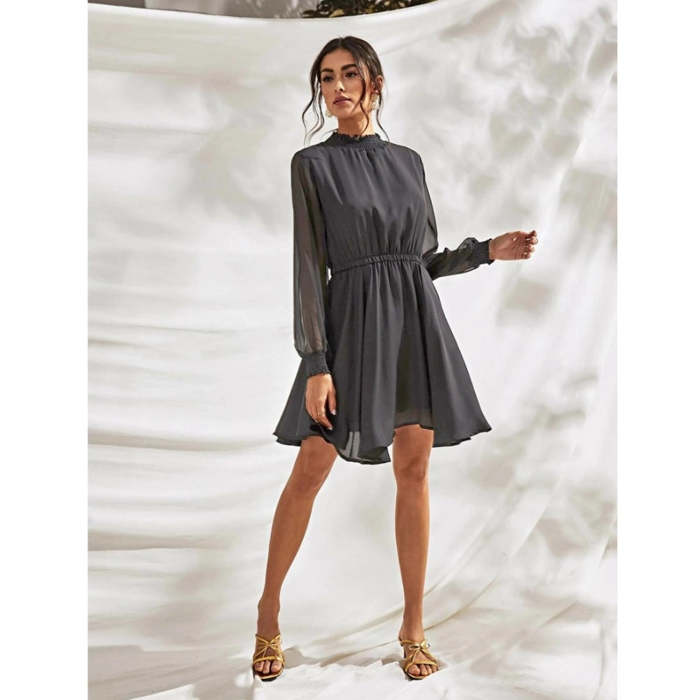 Women's Fox Georgette Solid High Neck Full Sleeve Dress (Grey)