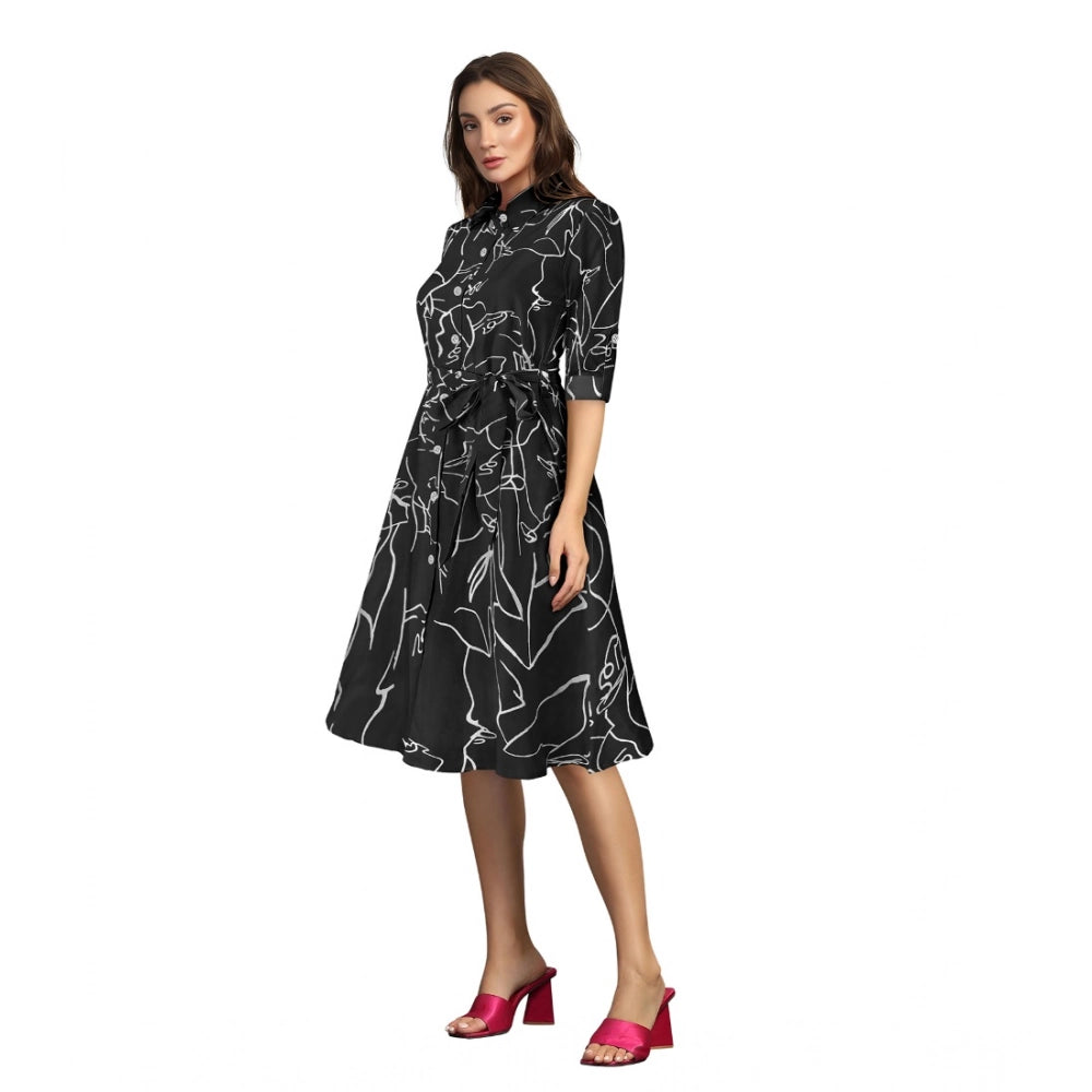 Women's Ruby Cotton Printed Shirt Collar 3-4th Sleeve Dress (Black)