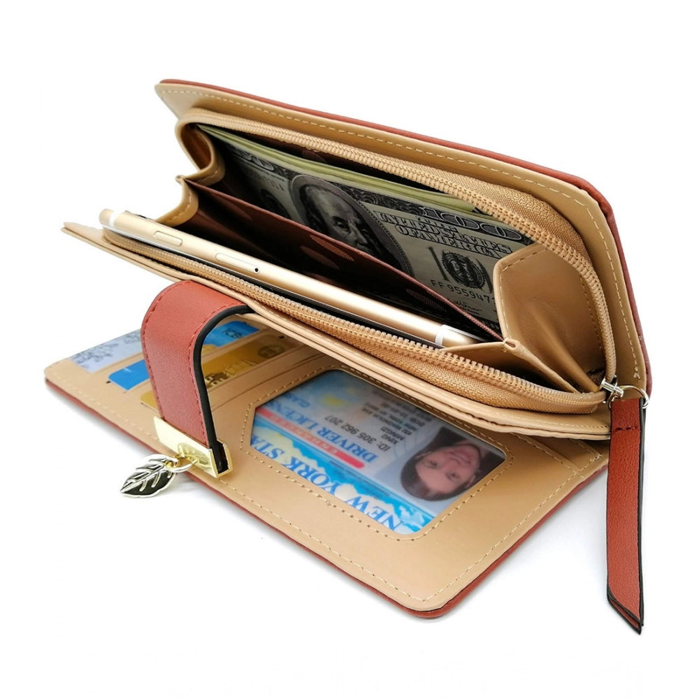 Women's Faux Leather Medium Snap Button Wallet (Brown)