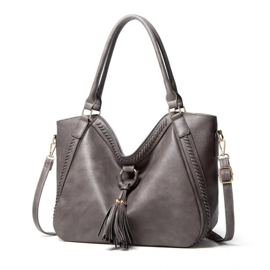 Women's PU Leather Large Shoulder Zipper Handbag (Grey)