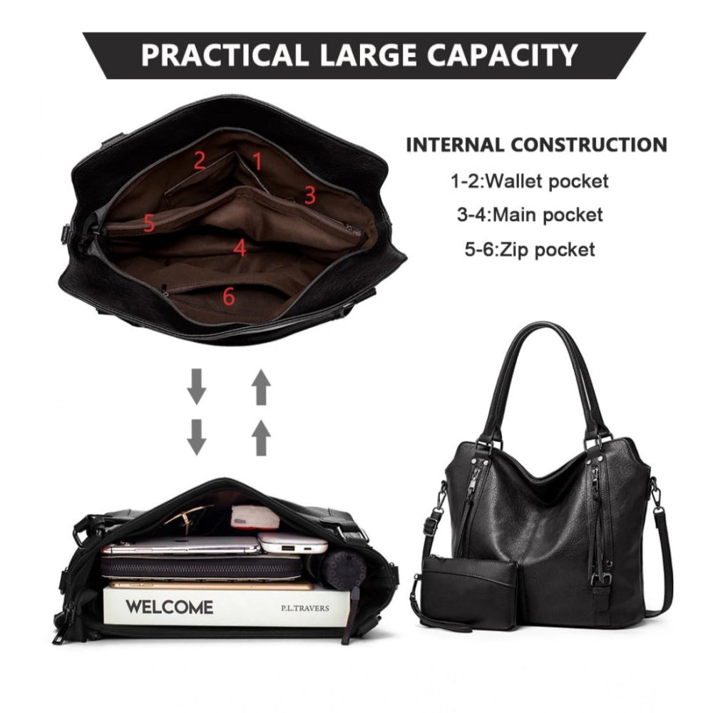 Women's PU Leather Large Shoulder Zipper Handbag (Black)