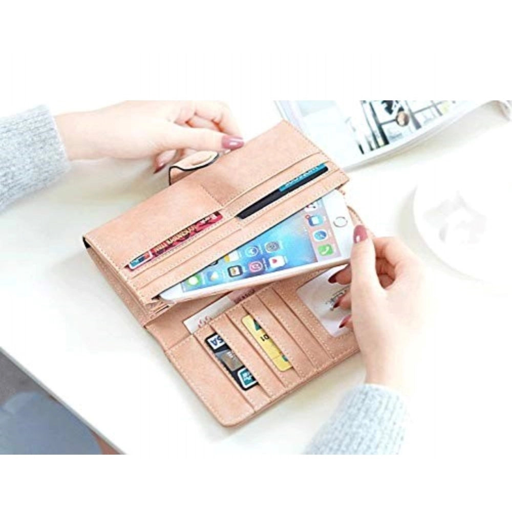 Women's Faux Leather Medium Snap Button Wallet (Brown)