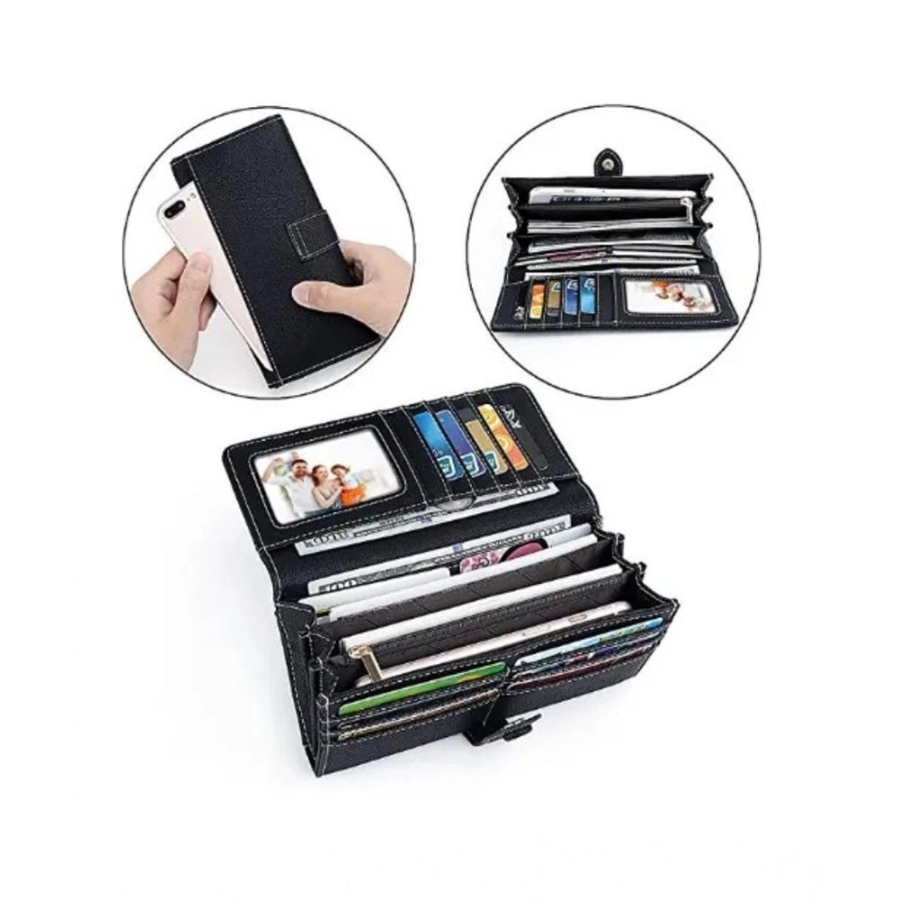 Women's Faux Leather Medium Snap Button Wallet (Black)