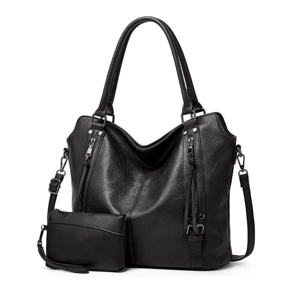 Women's PU Leather Large Shoulder Zipper Handbag (Black)