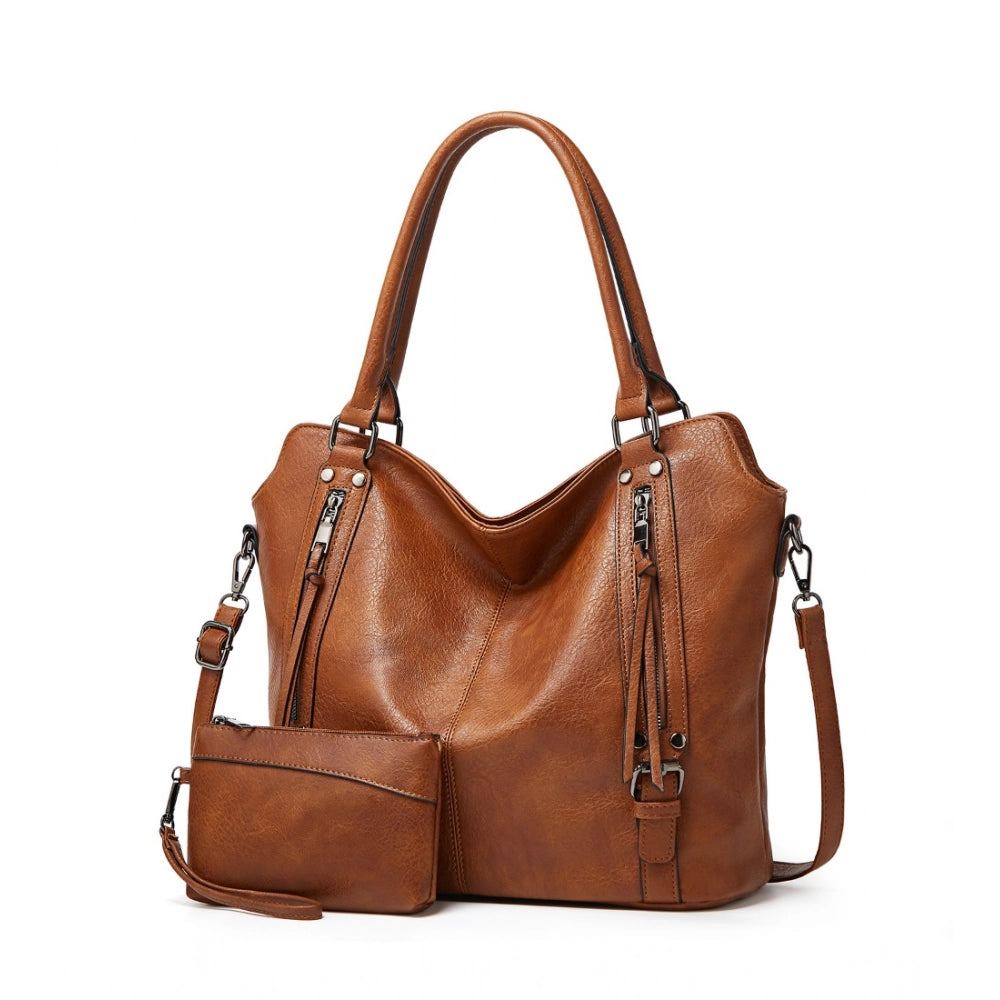 Women's PU Leather Large Shoulder Zipper Handbag (Brown)