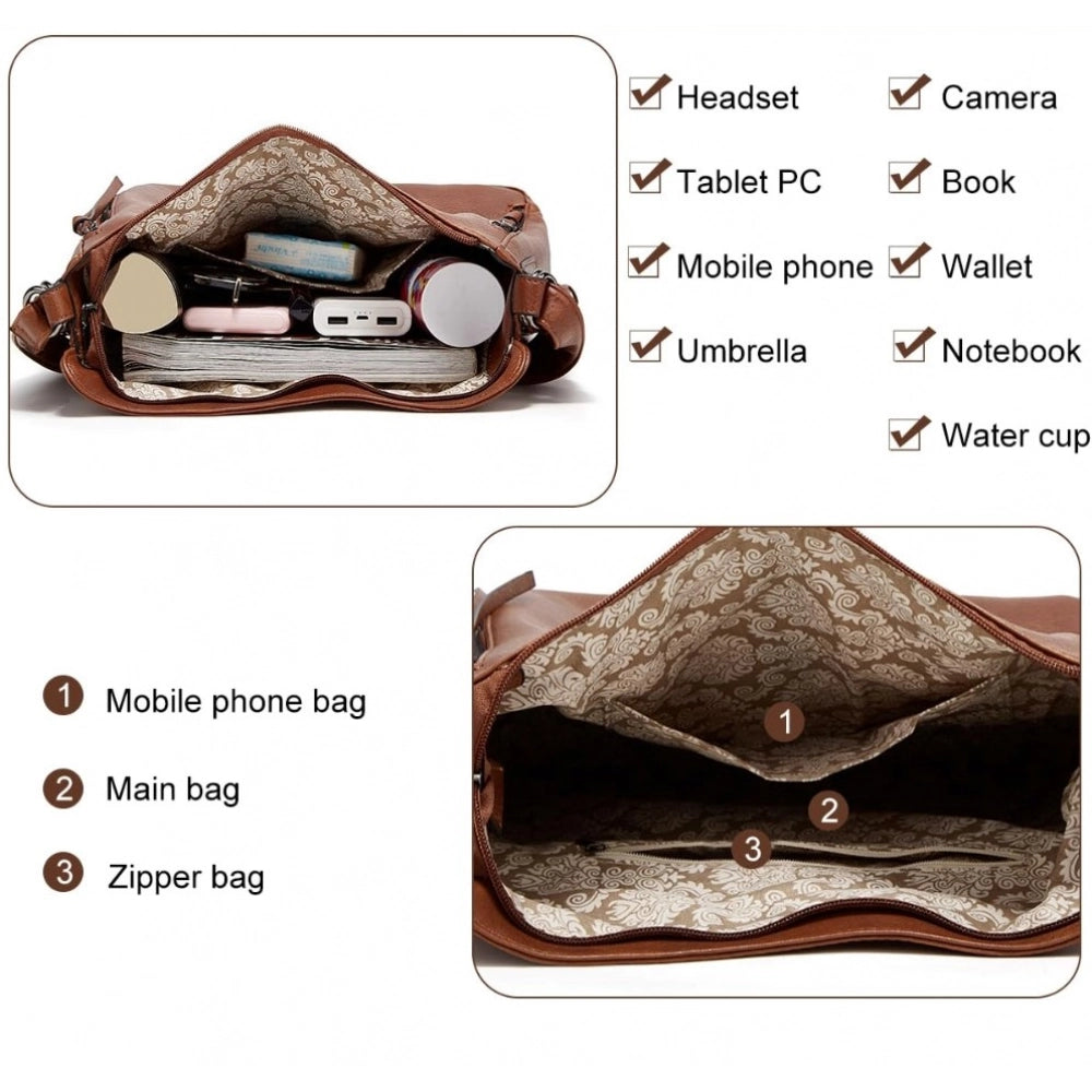 Women's PU Leather Medium Shoulder Zipper Handbag (Brown)