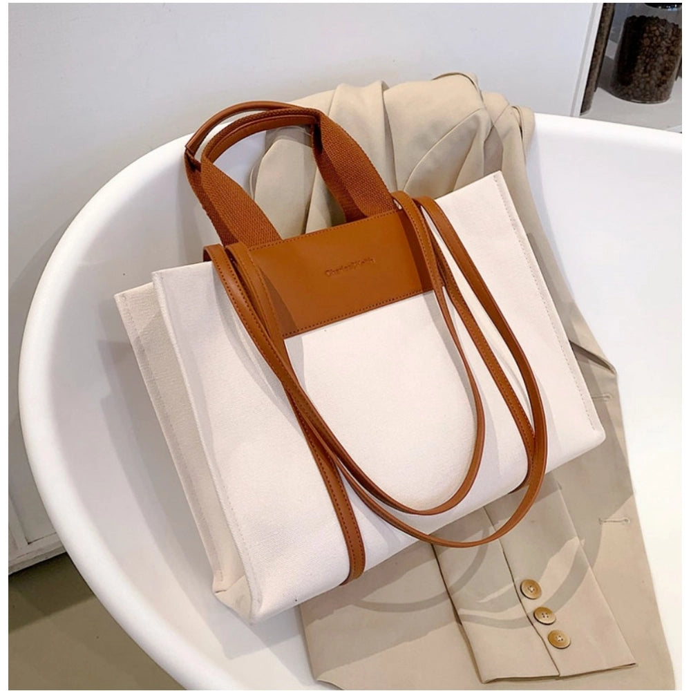 Women's Canvas Medium Top handle Satchel Zipper Handbag (White)