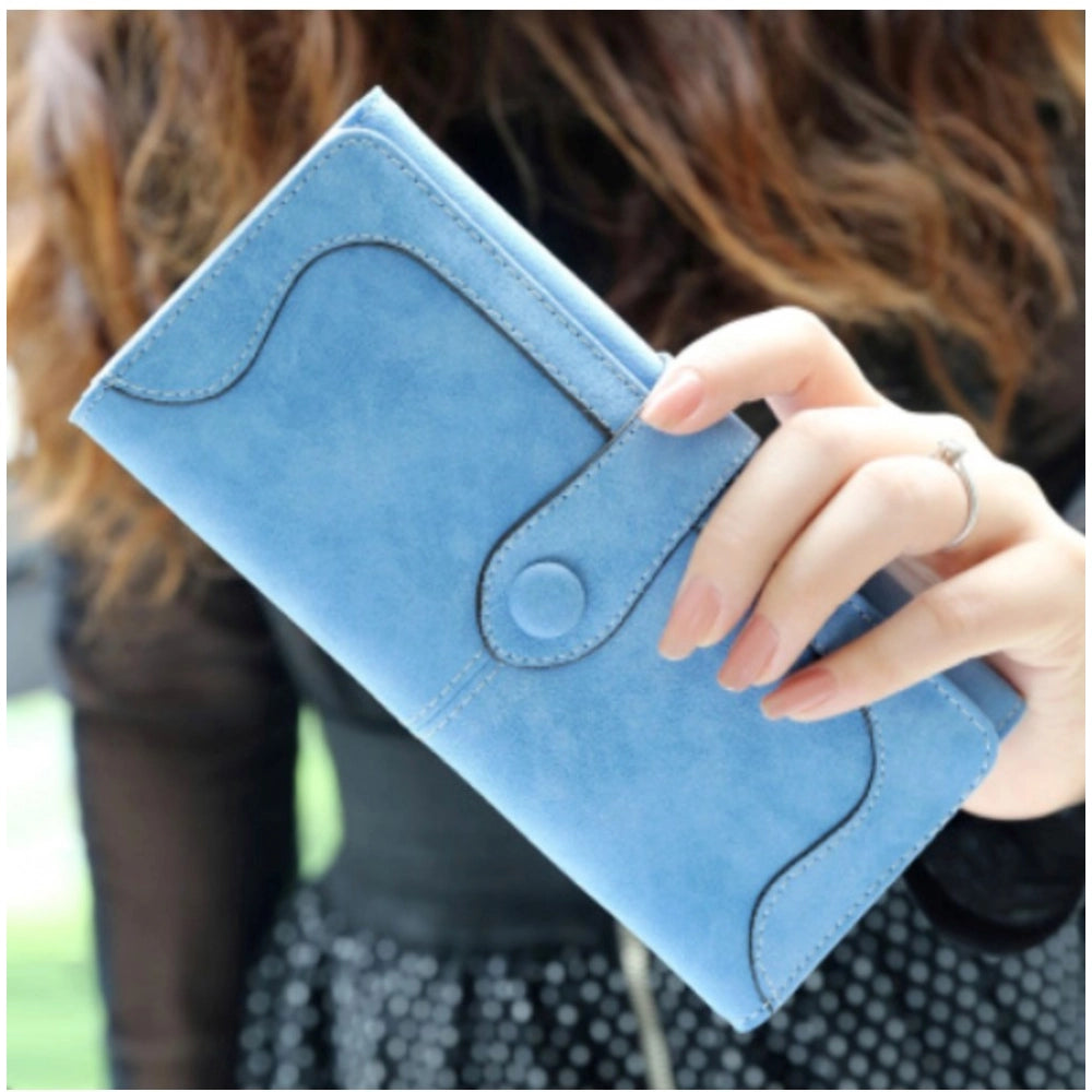Women's Faux Leather Medium Snap Button Wallet (Blue)