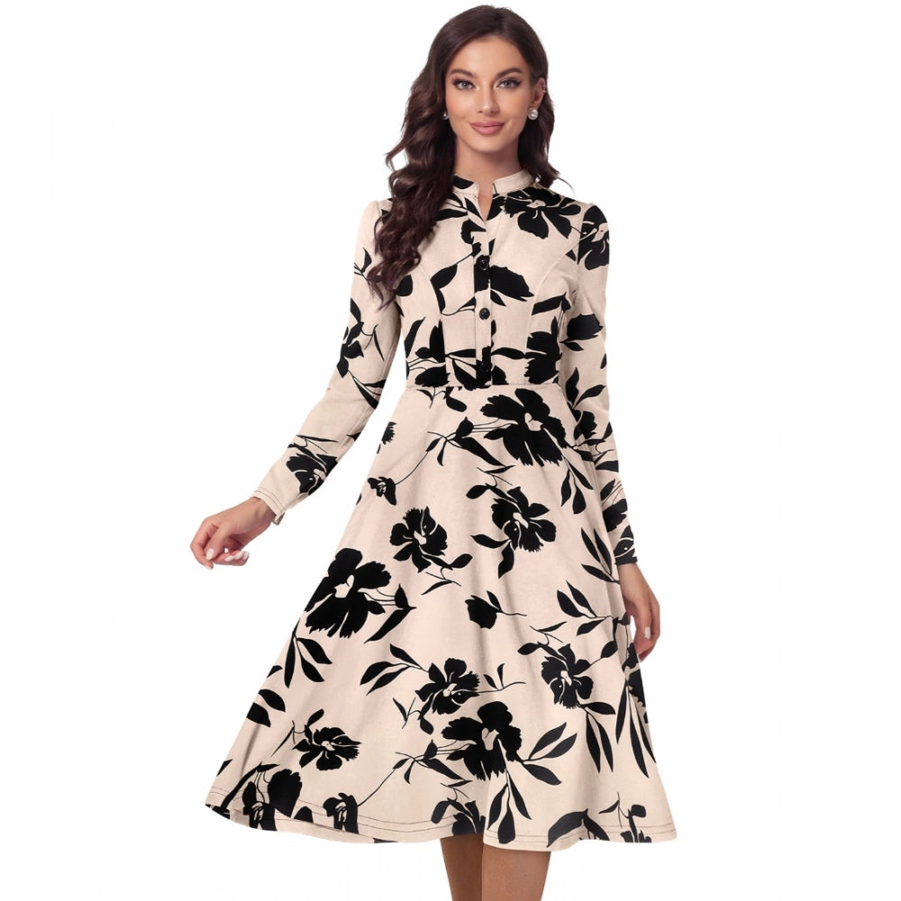 Women's Knitting Printed V-Neck Full Sleeve Dress (Cream)