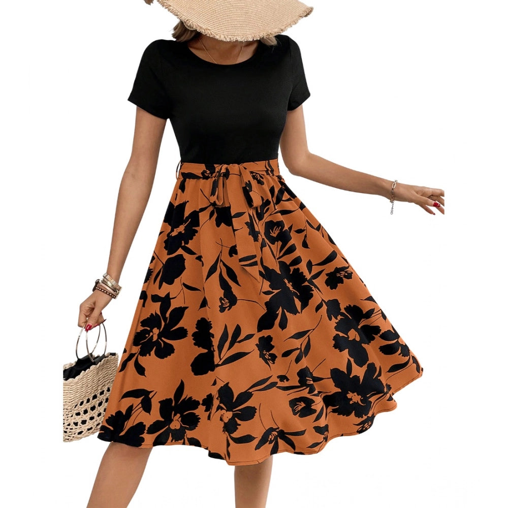 Women's Knitting Printed Round Neck Short Sleeve Dress (Orange)