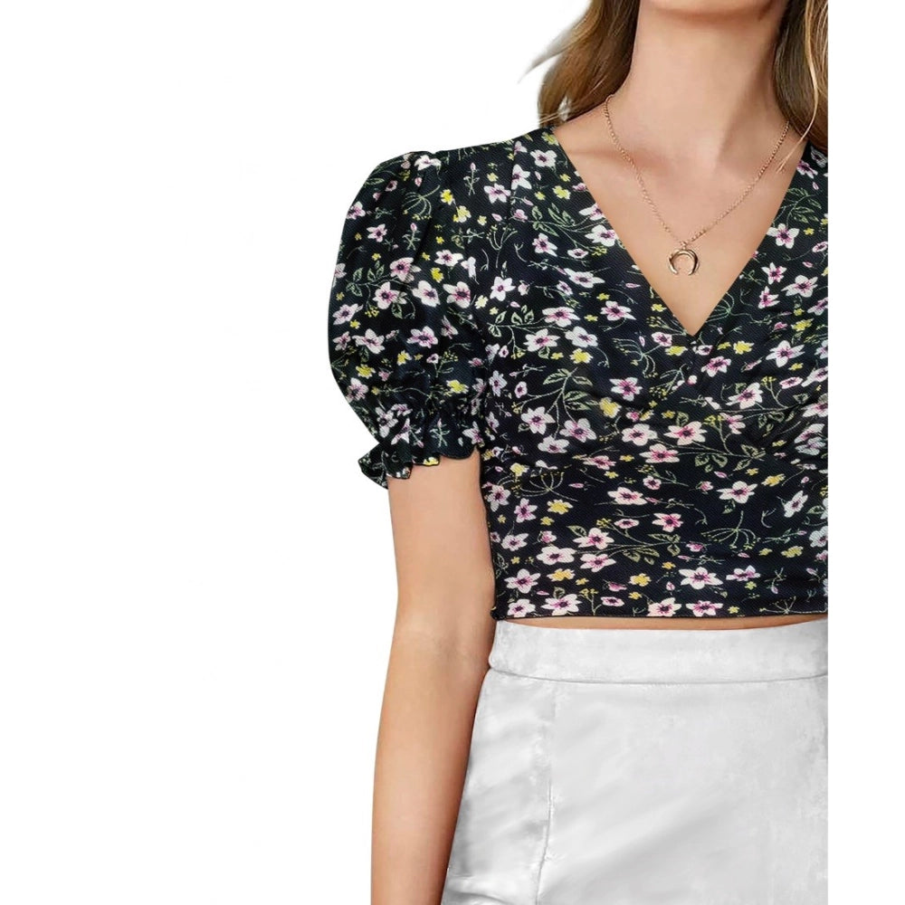 Women's Knitting Printed V-Neck Puff Sleeve Tops (Black)