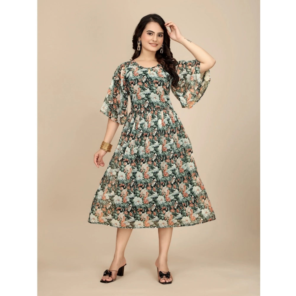 Women's Georgette Printed Round Neck Short Sleeve Dress (Black)