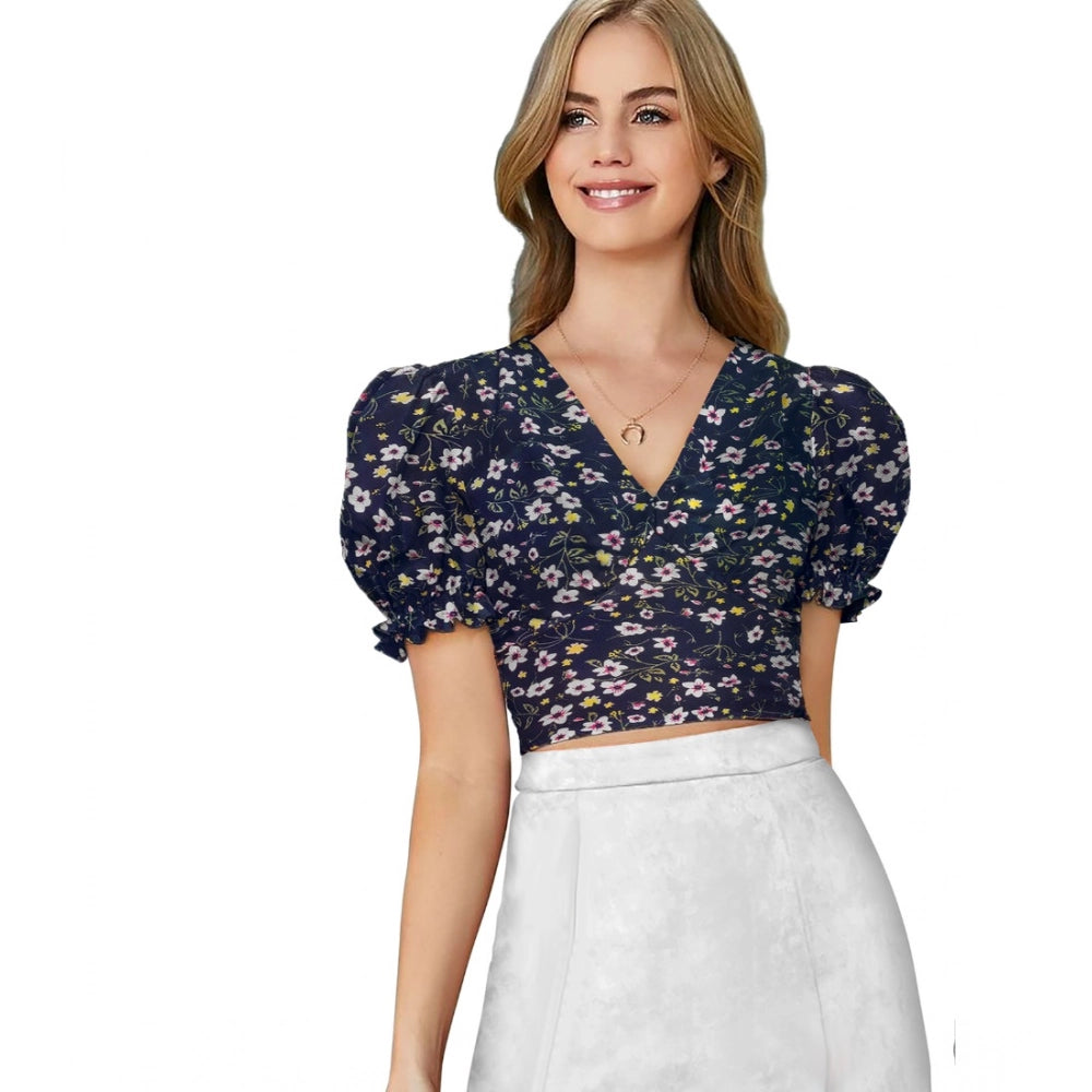 Women's Knitting Printed V-Neck Puff Sleeve Tops (Navy Blue)