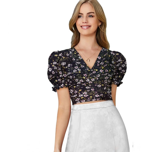 Women's Knitting Printed V-Neck Puff Sleeve Tops (Black)