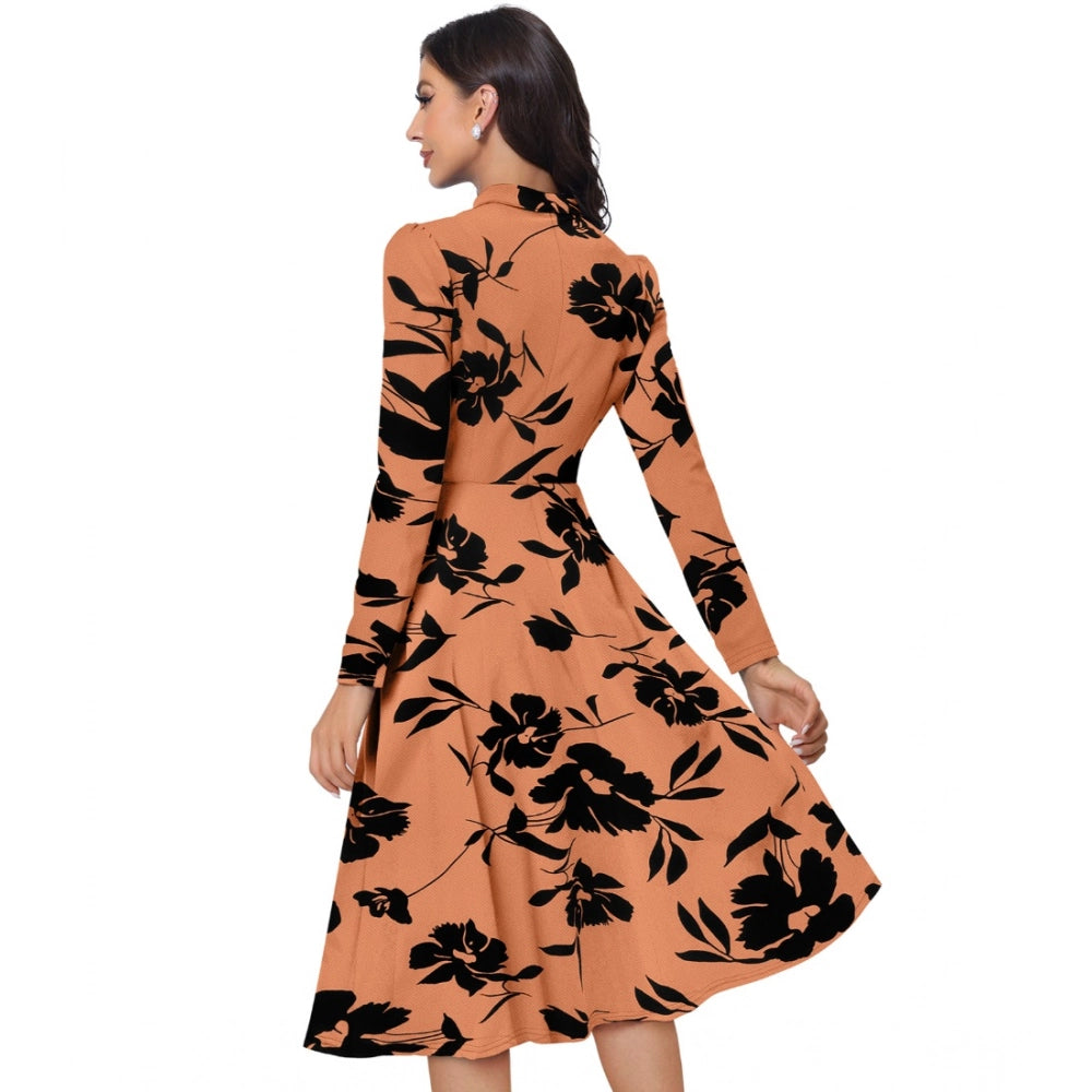 Women's Knitting Printed V-Neck Full Sleeve Dress (Orange)