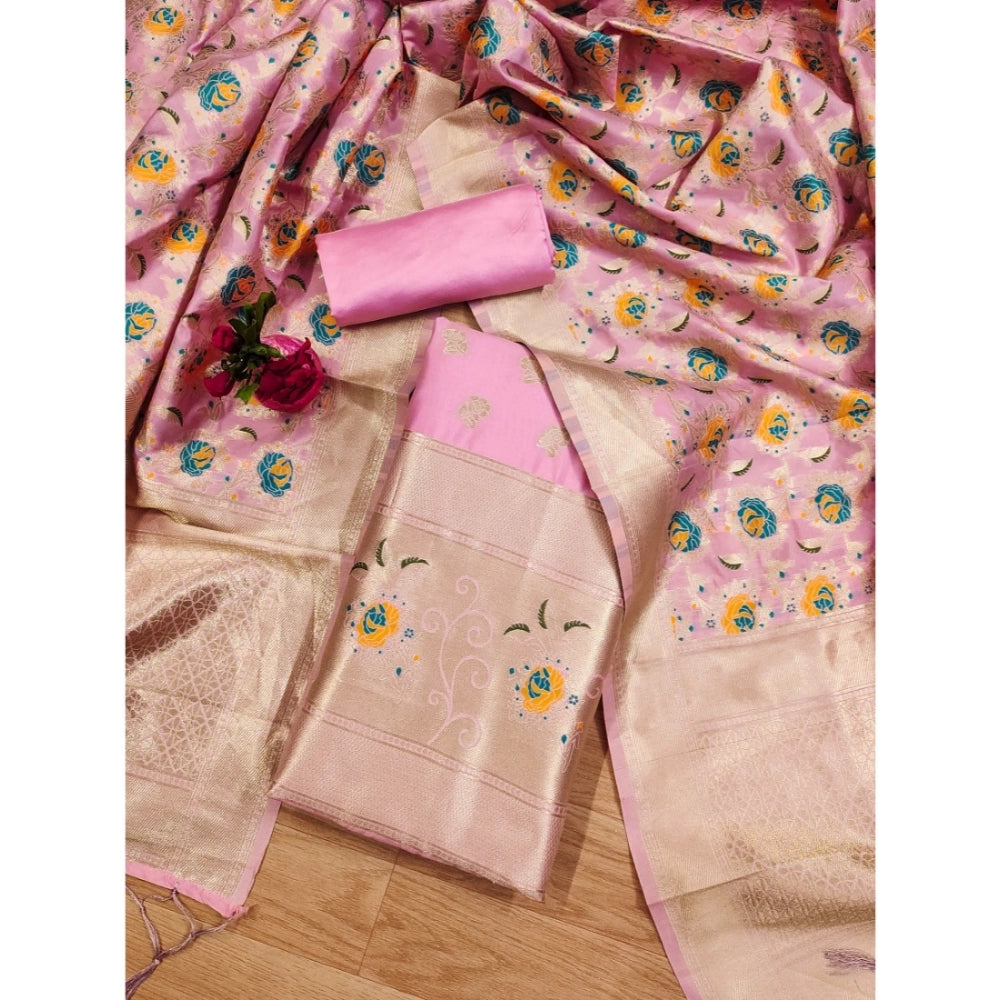 Women's Banarasi Silk Printed Unstitched Salwar Suit Material With Dupatta (Pink, 3Mtrs)