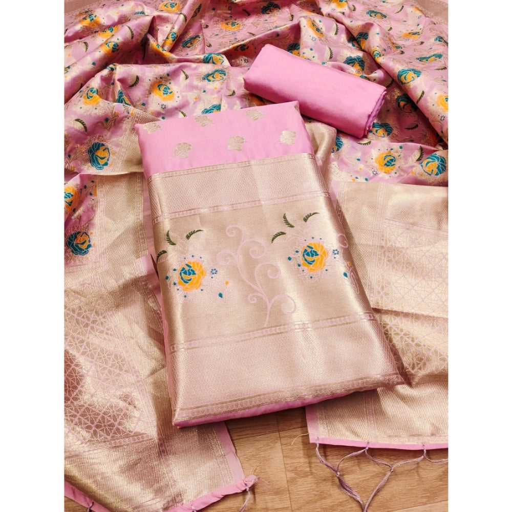 Women's Banarasi Silk Printed Unstitched Salwar Suit Material With Dupatta (Pink, 3Mtrs)