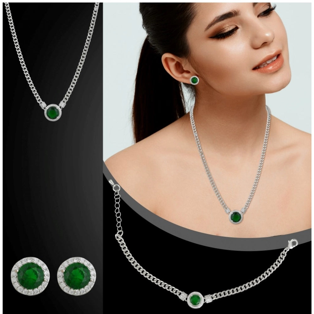 Women's Stainless Steel Green Color Silver Chain Western Combo Jewelry (Silver Plated)