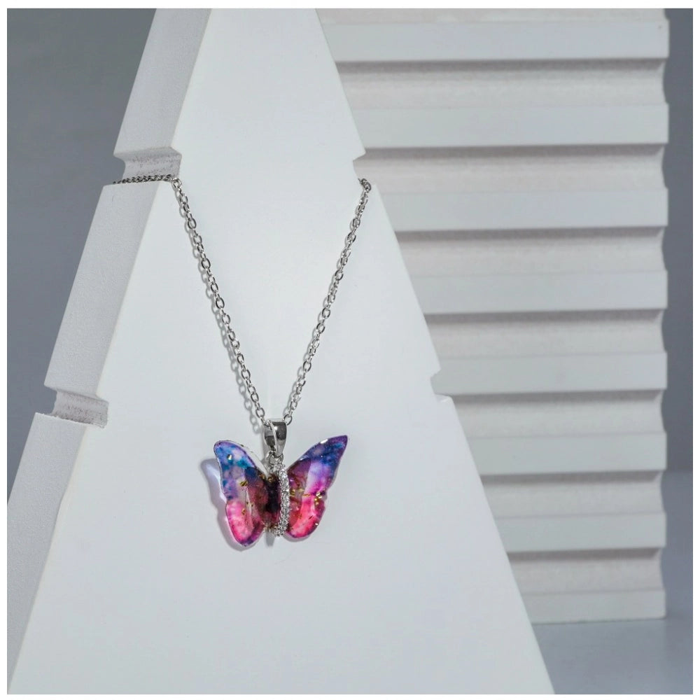 Women's Stainless Steel Colorful Butterfly Pendent Dailywear chain (Silver Plated)