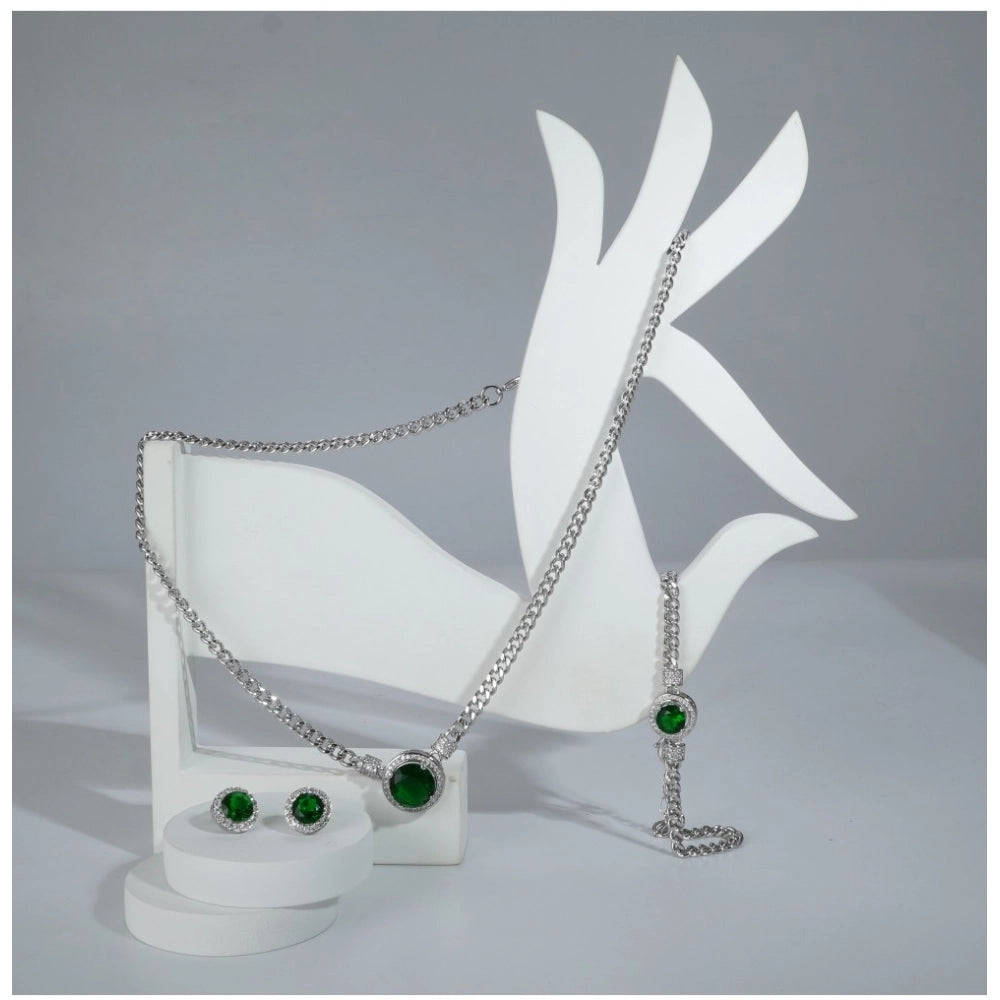 Women's Stainless Steel Green Color Silver Chain Western Combo Jewelry (Silver Plated)