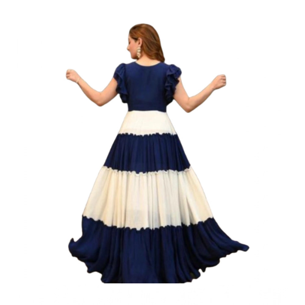 Women's Georgette Solid Half Sleeve Gown (Blue-White)