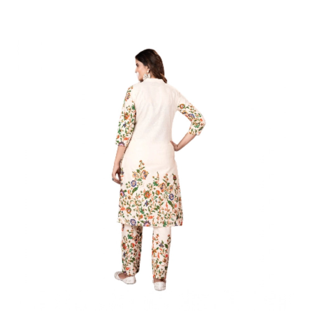 Women's Cotton Printed 3/4th Sleeve Kurti With Pant (Cream )