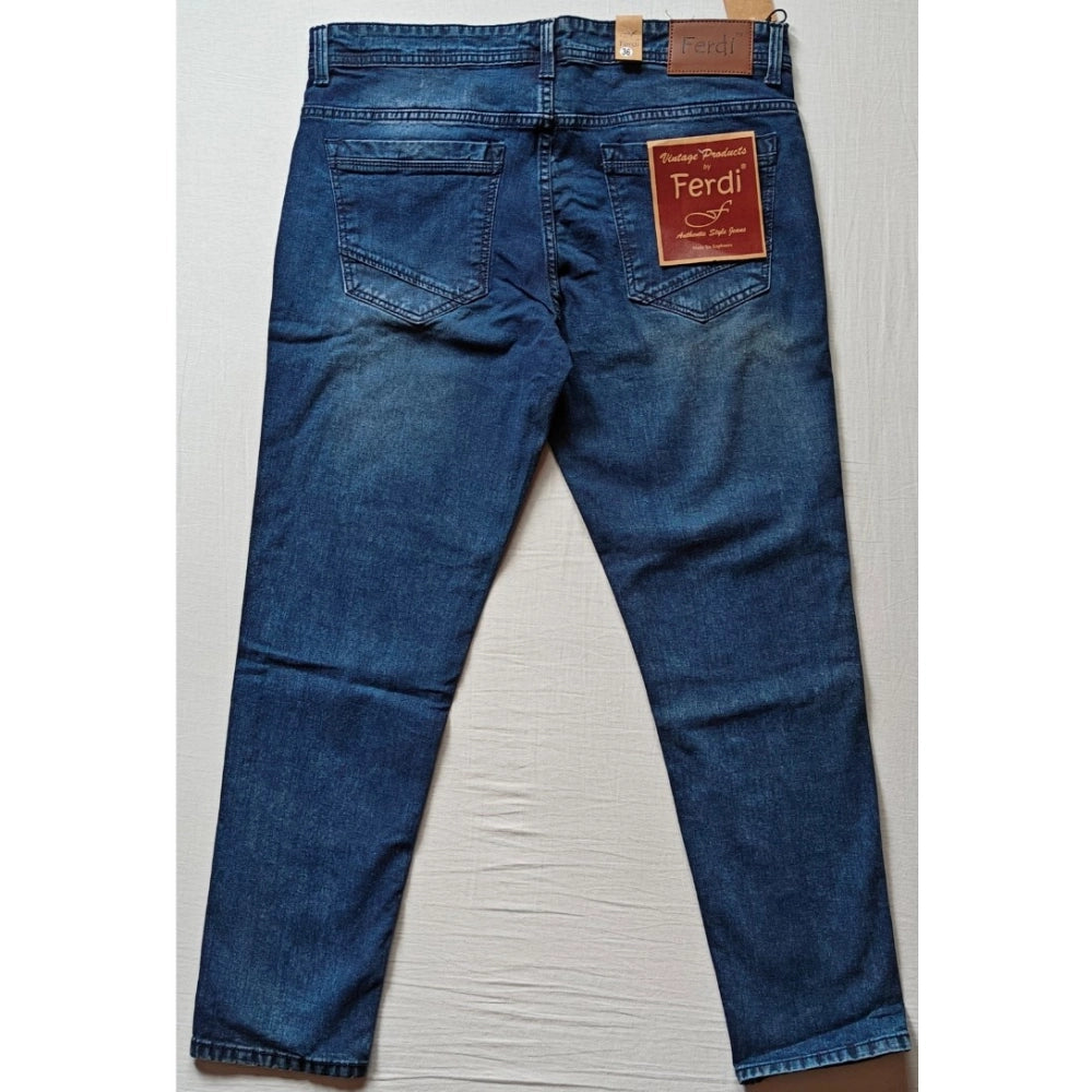 Men's Cotton Blended Solid Tapered Jeans (Blue)