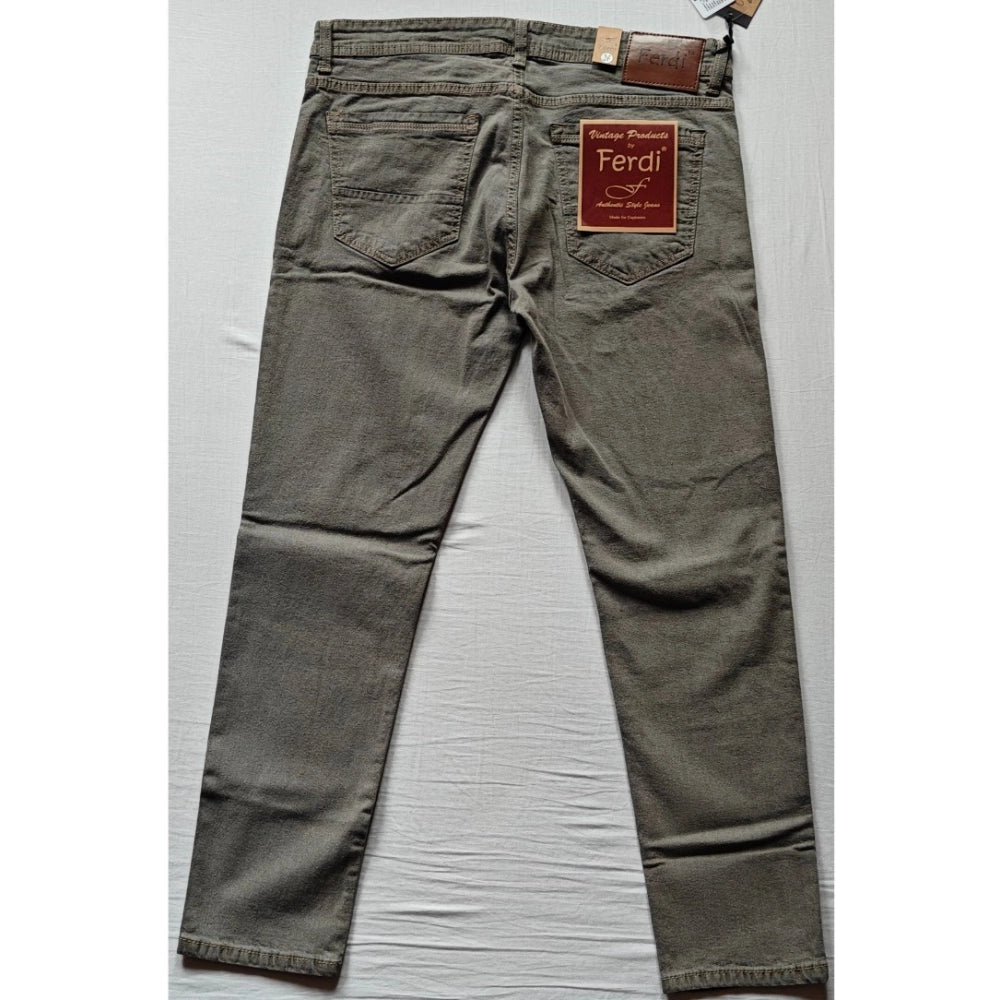 Men's Cotton Blended Solid Tapered Jeans (Khaki)