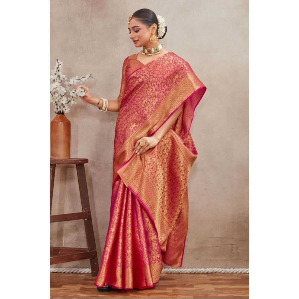 Women's Silk Blend Floral Printed Saree With Unstitched Blouse 5.5Mtr (Pink)