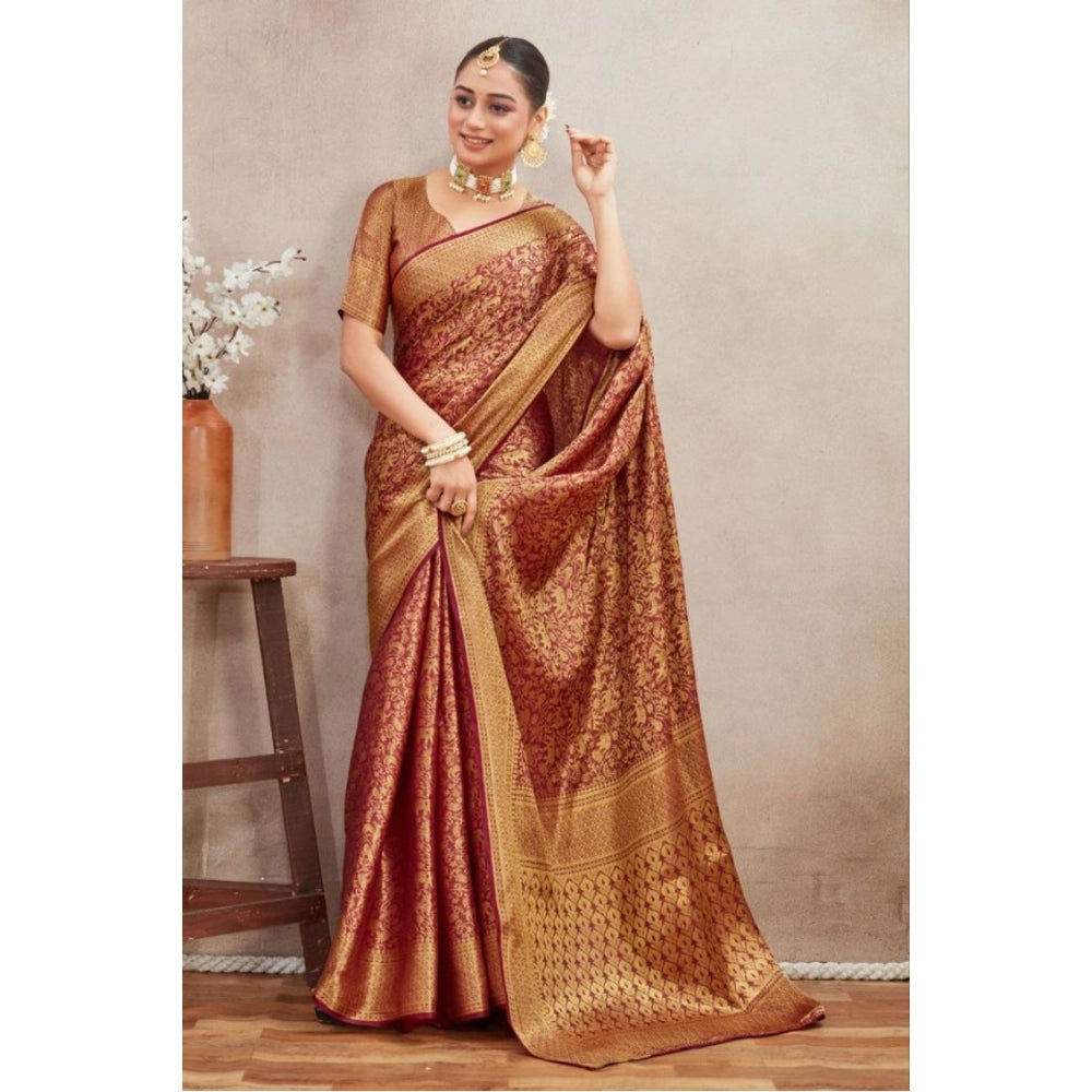 Women's Silk Blend Floral Printed Saree With Unstitched Blouse 5.5Mtr (Brown)